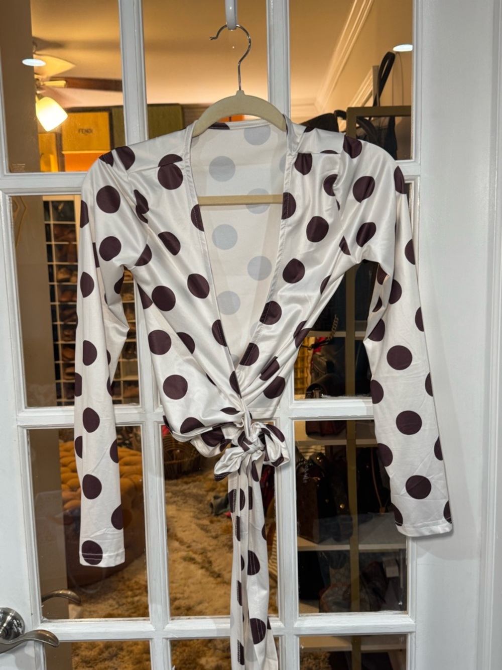 🟤🟤🟤 Polka Dot Tie-Front Satin Top - Brown on Cream Wrap yoga top - Picture 3 of 6